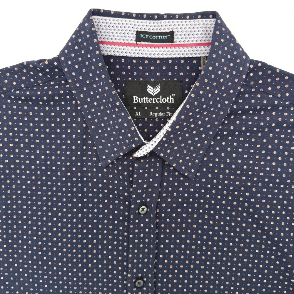 Buttercloth Button Down Men XL Navy Icy Cotton Regular Fit Short Sleeve Dot